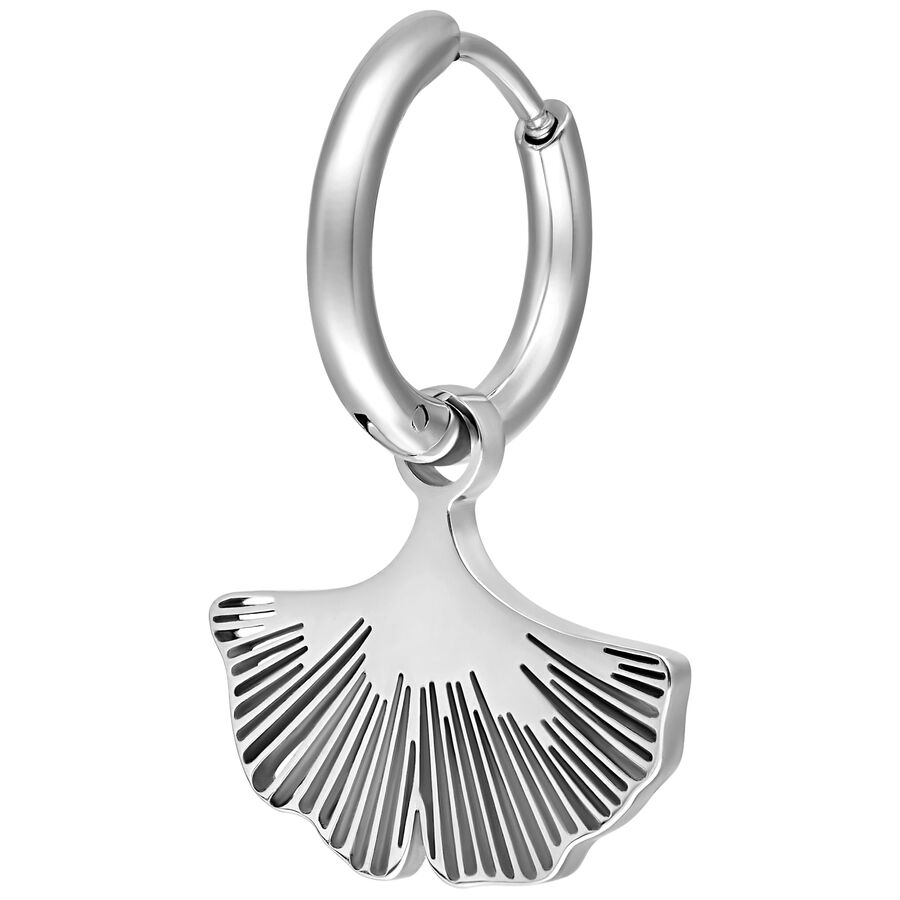 Orecchini in acciaio inox argentati con design Ginkgo su sfondo bianco