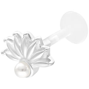 Perlen-Pfauenauge Push Fit Labret in Silber Silbernes Labret mit Pfauenauge-Design und Perlenaufsatz auf weißem Hintergrund