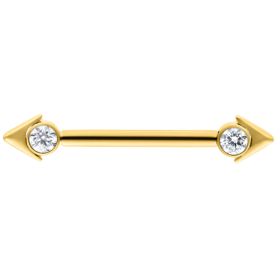 Goldener Nippel Barbell mit Pfeilspitzen und Kristallen, 16 mm Länge