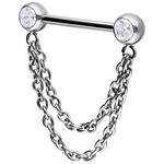 Barbell in argento con due catene e cristalli su sfondo bianco