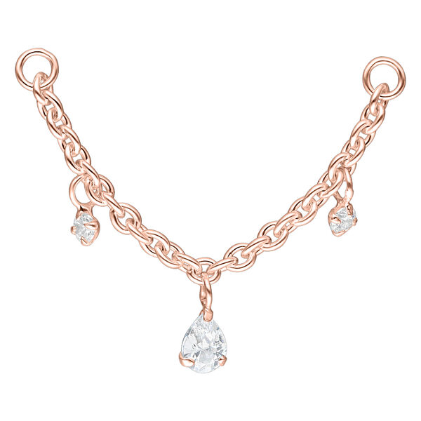 Cadena de oro rosa con gotas de cristal colgantes sobre fondo blanco
