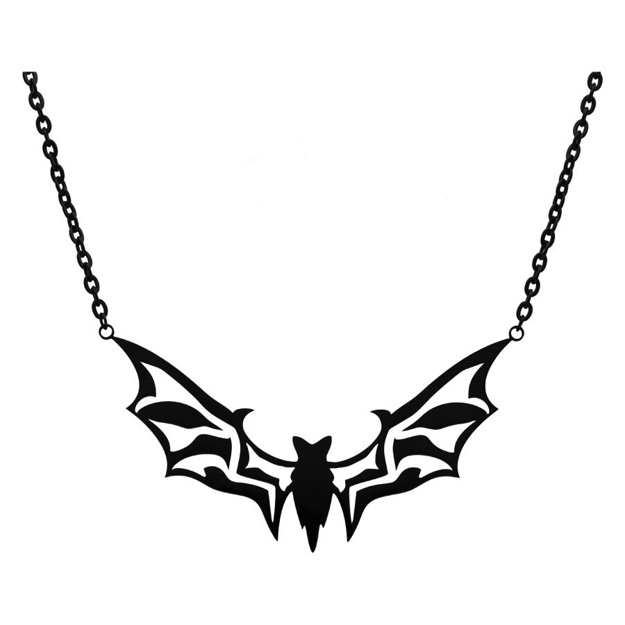 Collana con pipistrello nero in acciaio chirurgico su sfondo bianco