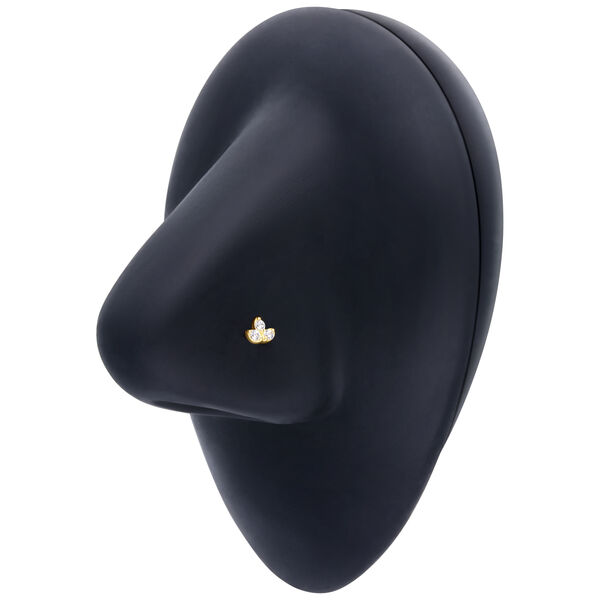 Nariz negra con un piercing de nariz de oro con Lotus y circonita, sobre fondo blanco