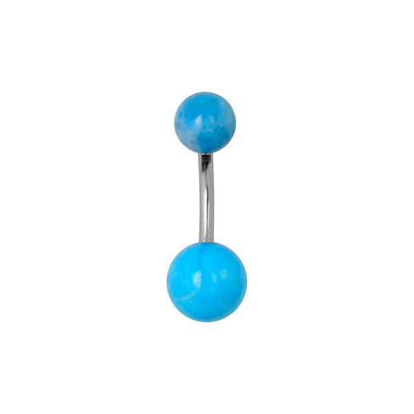 Piercing all'ombelico in titanio con due sfere blu su sfondo bianco