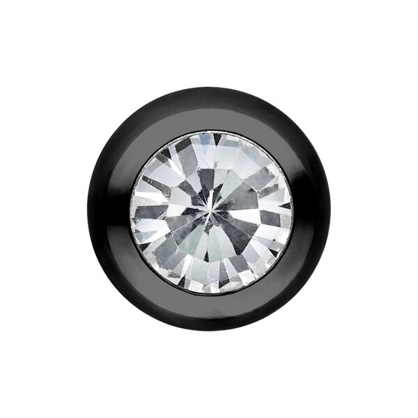Bola de piercing negra de acero quirúrgico con cristal claro sobre fondo blanco