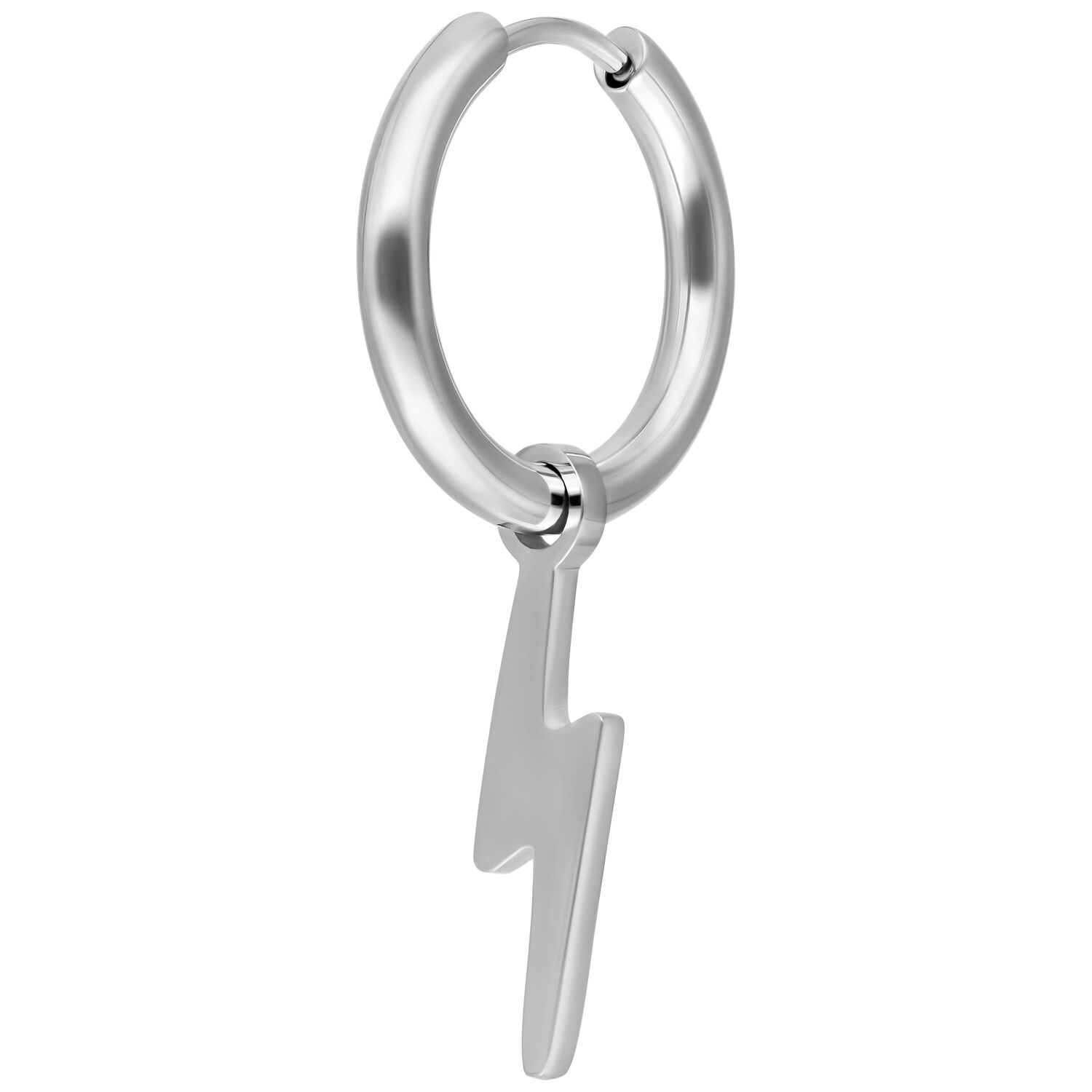 Silberne Little Flash Hoops Ohrringe Silberner Ohrring mit Blitzanhänger auf weißem Hintergrund