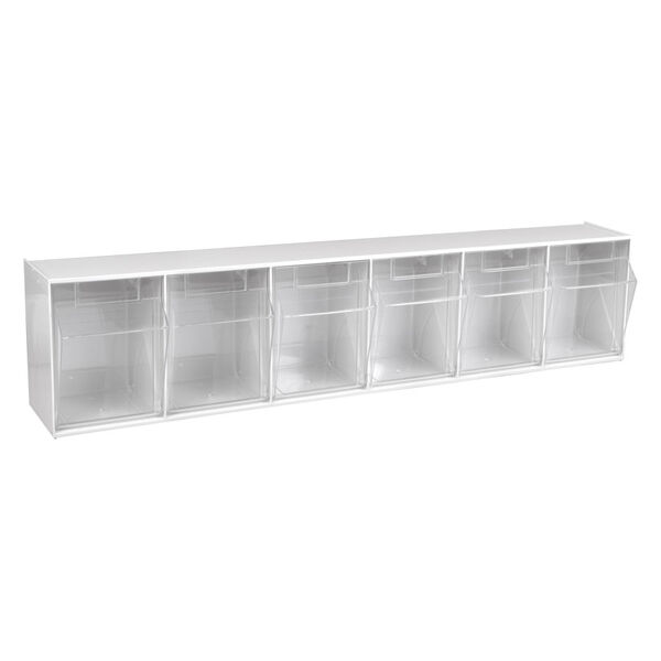 Set Stala bianco a sei scomparti con contenitori in plastica trasparente su sfondo bianco