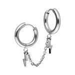 Orecchini Double Huggie Argento in acciaio chirurgico con ciondoli a fulmine su sfondo bianco