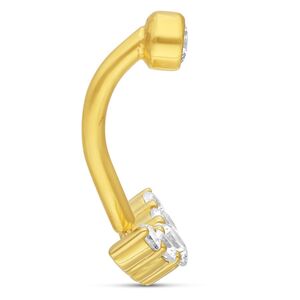 18K Gold Microbananabell mit 5 Kristallen Goldenes Microbananabell mit klaren Kristallen auf weißem Hintergrund