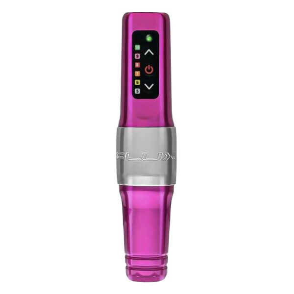 Máquina de tatuaje FK Irons Microbeau Flux Mini rosa sobre fondo blanco