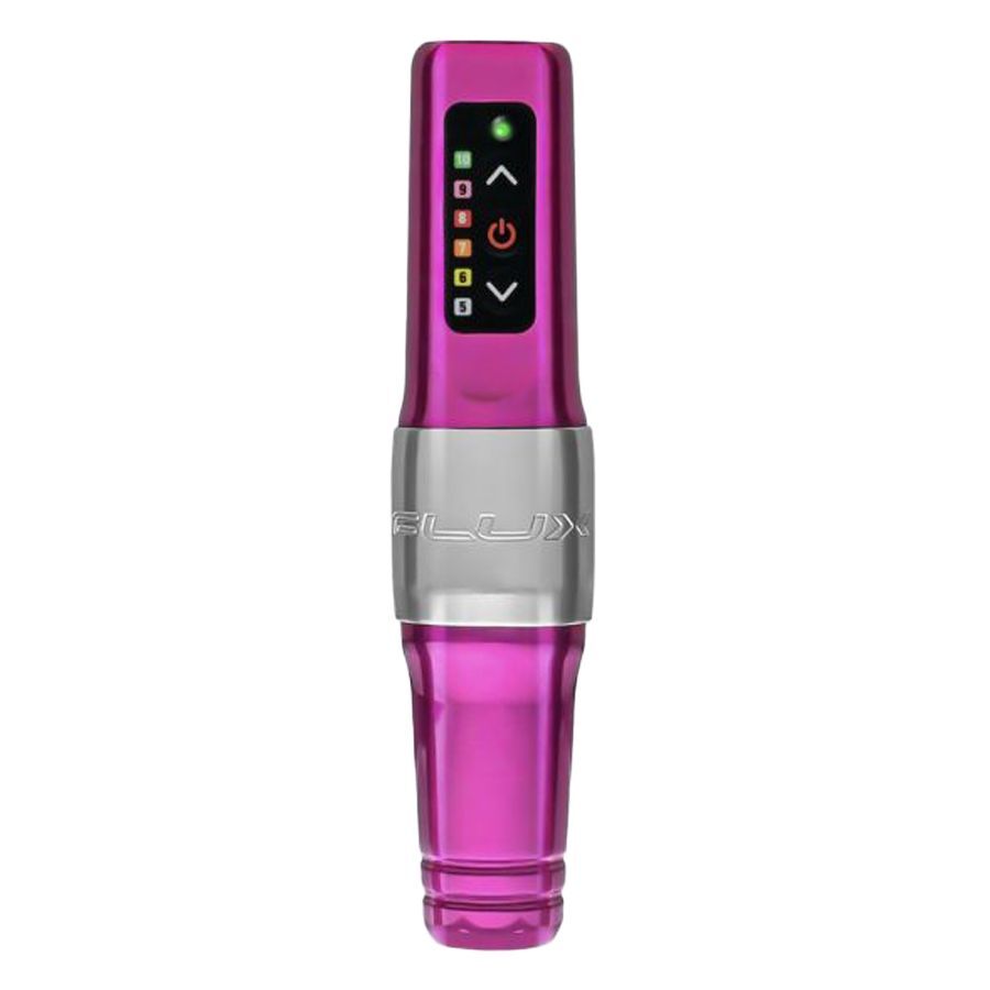 Máquina de tatuaje FK Irons Microbeau Flux Mini rosa sobre fondo blanco