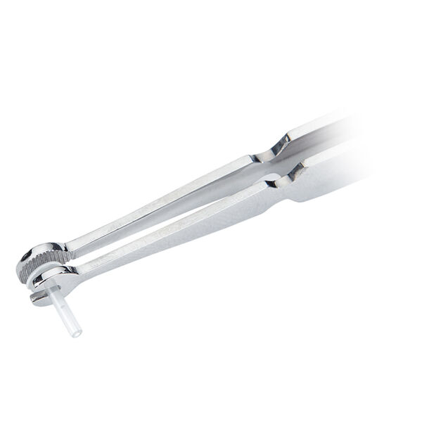 Pinzetta di supporto Labret in acciaio chirurgico argento su sfondo bianco