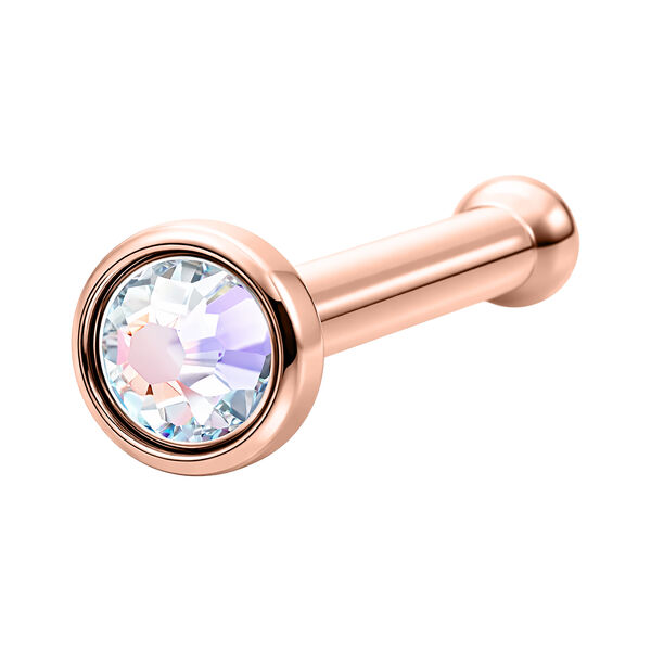 Piercing de nariz en oro rosa con cristal Aurora Boreale sobre fondo blanco