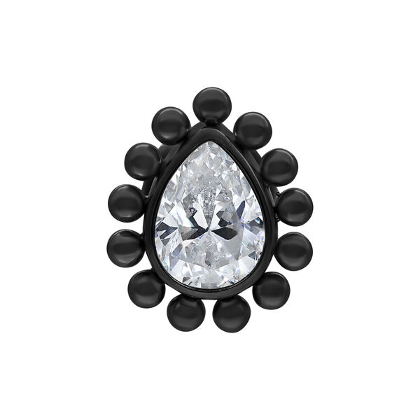 Accesorio de titanio negro con gota de cristal claro sobre fondo blanco