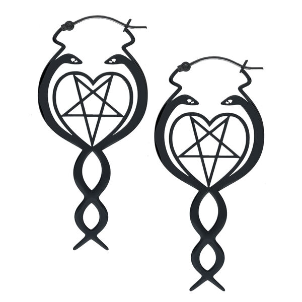 Pendientes Nagini Hoops negros con motivo de serpiente y pentagrama sobre fondo blanco