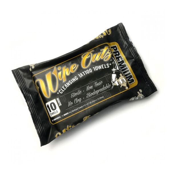 Confezione nera di salviette sterilizzate Wipe Outz su sfondo bianco
