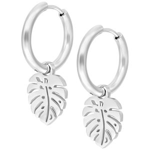 Silberne Little Monstera Leaf Hoops Ohrringe Silberfarbene Monstera-Ohrringe aus Chirurgenstahl auf weißem Hintergrund