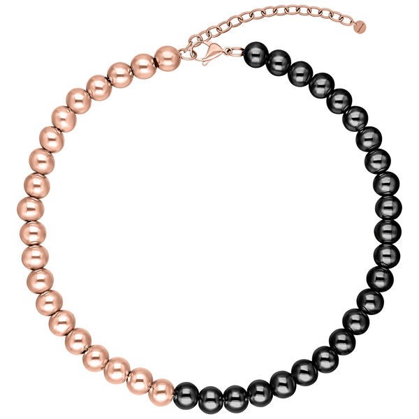 Collar con esferas alternas en oro rosa y negro sobre fondo blanco