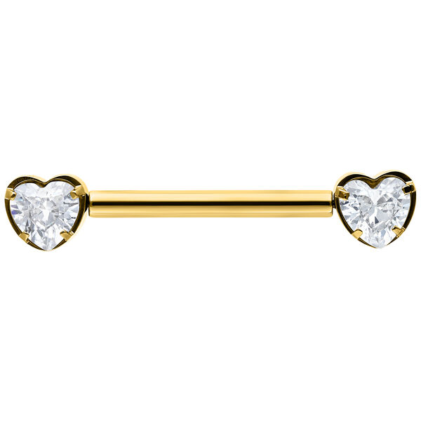 Barbell dorato con due estremità a forma di cuore, cristalline, su sfondo bianco