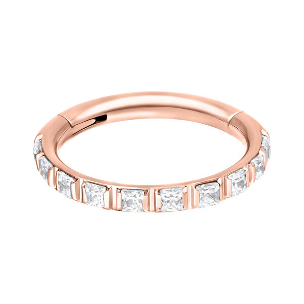 Anillo articulado en oro rosa con cristales claros sobre fondo blanco