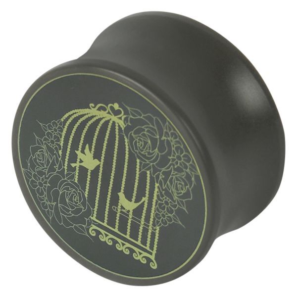 Schwarzer Plug mit floralem Vogelkäfig-Muster auf grauem Hintergrund