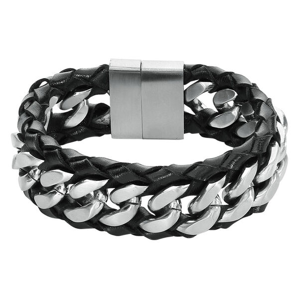 Pulsera de cuero negro con cadenas de acero inoxidable plateadas y cierre magnético sobre fondo blanco