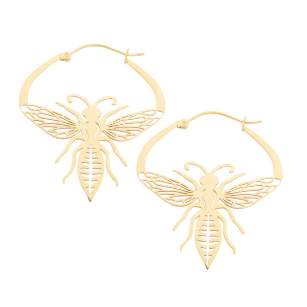 Dos pendientes dorados en forma de abeja de acero quirúrgico sobre fondo blanco
