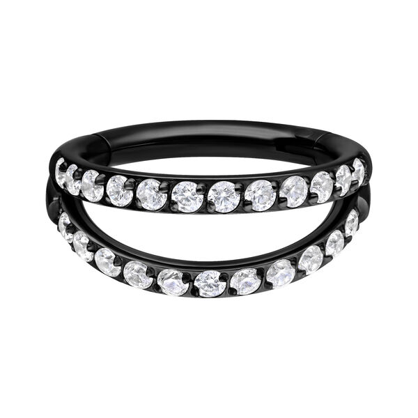 Anillo de metal negro con dos filas de cristales blancos sobre fondo blanco