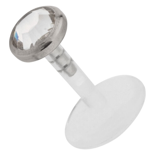 Micro labret plateado con cristal claro sobre fondo blanco