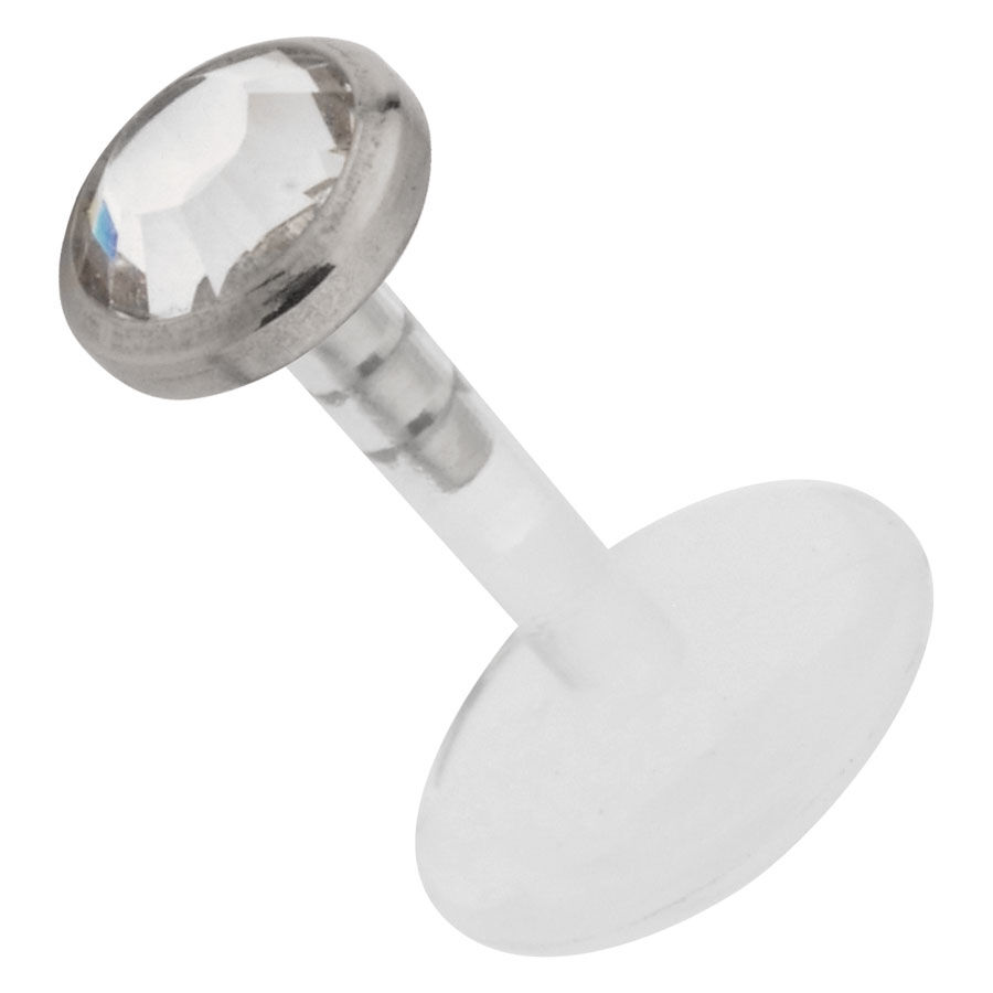 Micro labret plateado con cristal claro sobre fondo blanco