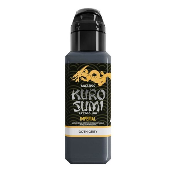 Bottiglia di inchiostro per tatuaggi Kuro Sumi in Goth Grey su sfondo bianco
