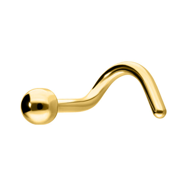 Piercing nasal dorado en forma curva sobre fondo blanco