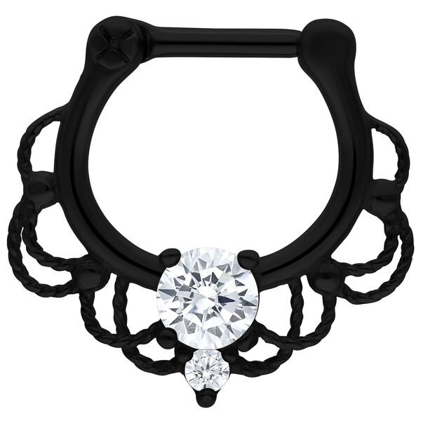 Clicker per setto nasale nero con cristallo chiaro ed elementi decorativi