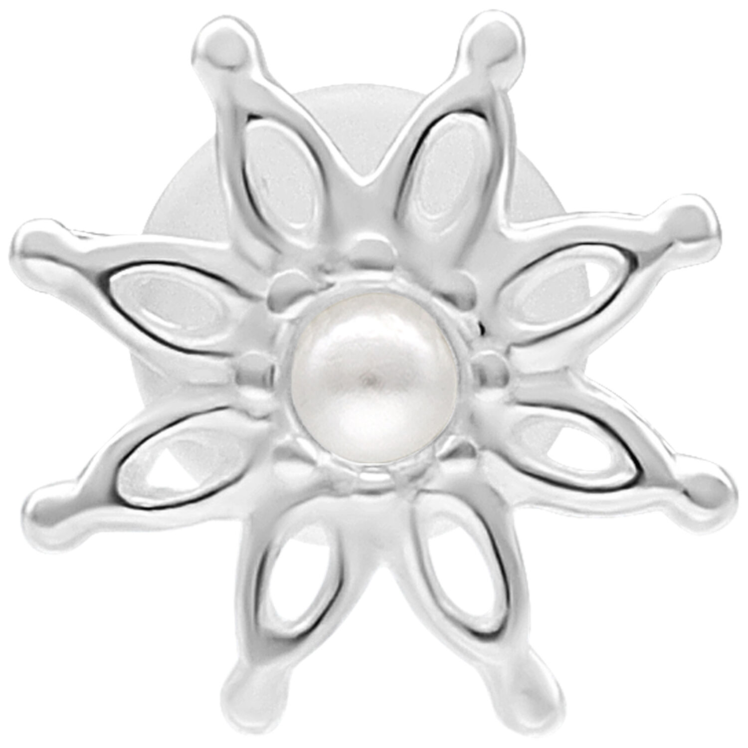 Silbernes Bloom Push Fit Labret 5,0 mm Silbernes Labret mit blumenförmigem Design und Perlendetail auf weißem Hintergrund