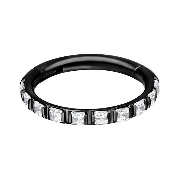 Clicker de piercing negro con piedras cristalinas sobre fondo blanco