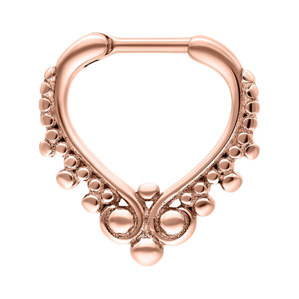 Roségoldener Septum Clicker mit Kugelverzierungen auf weißem Hintergrund