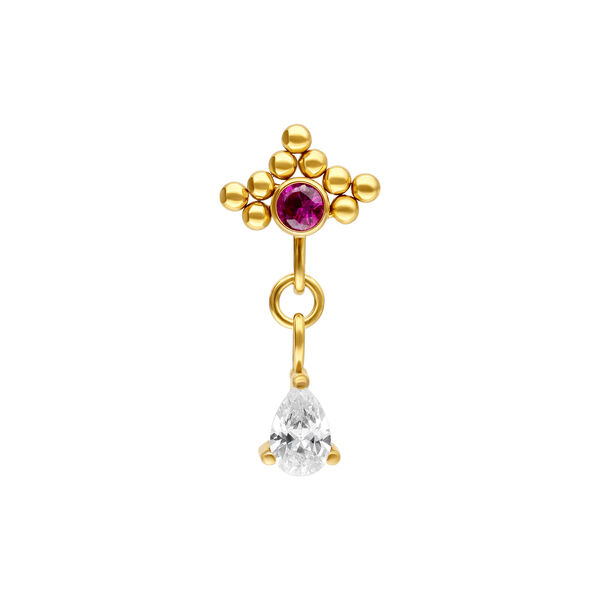 Accesorio de piercing dorado con piedra roja rubí y colgante ovalado sobre fondo blanco