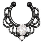 Schwarzes Fake Septum Piercing mit klaren Kristallen auf weißem Hintergrund