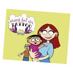 Cartoon-Buchcover mit Mama, Kind und Titel 'Mami hat ein Tattoo', gelber Hintergrund