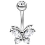 Piercing all'ombelico in argento con farfalla e cristalli chiari su sfondo bianco