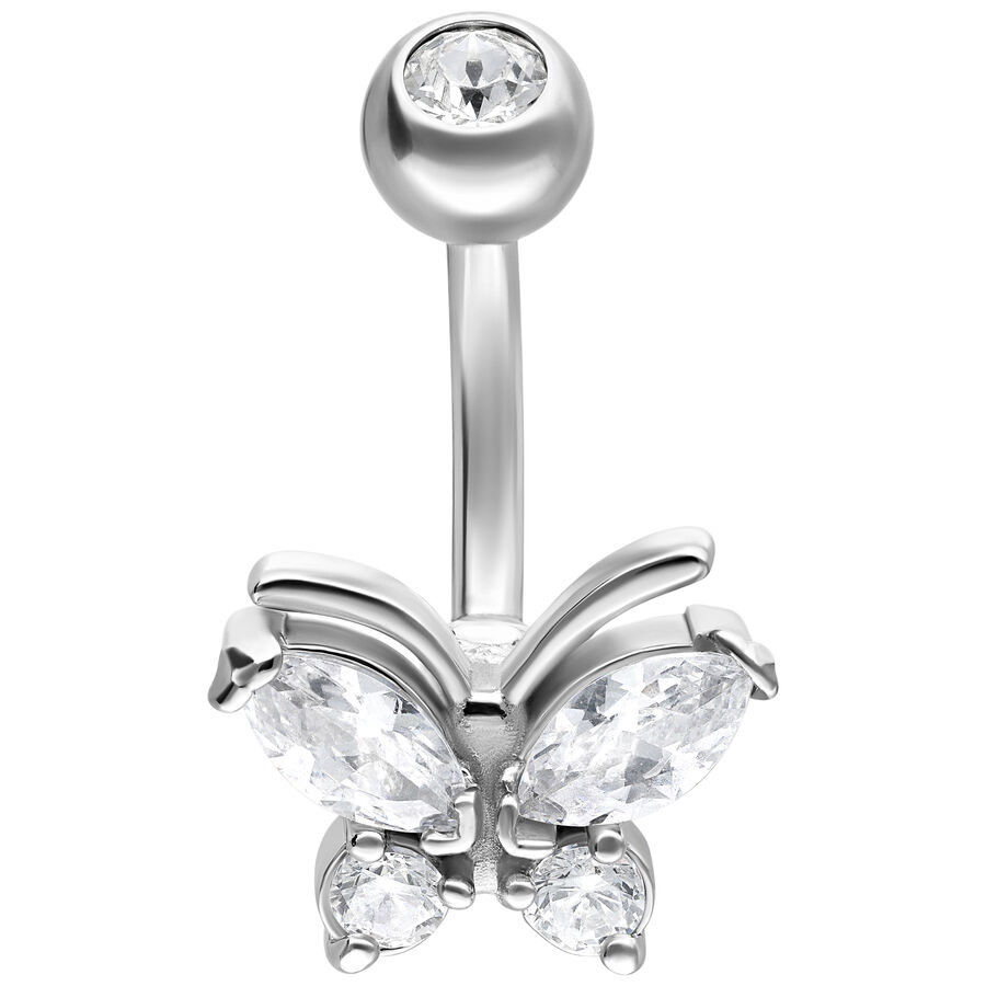 Piercing all'ombelico in argento con farfalla e cristalli chiari su sfondo bianco