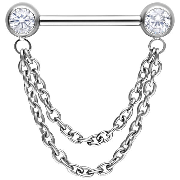 Hopeinen barbell kahdella ketjulla ja zirkonia-päillä, 16,0 mm