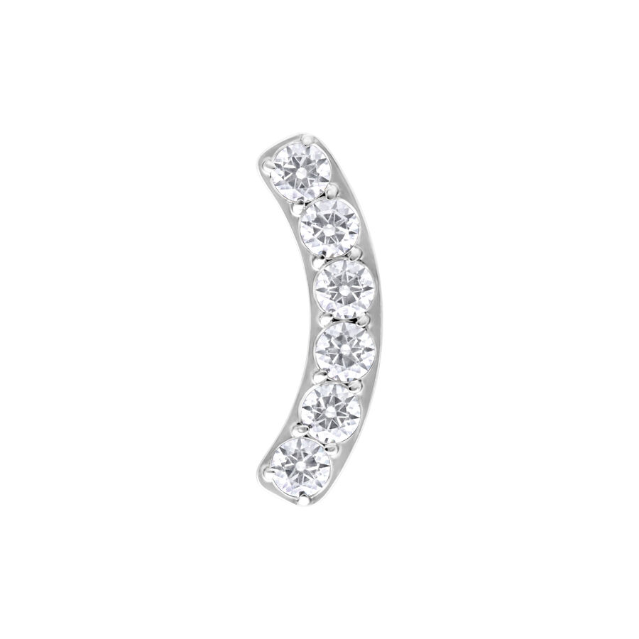 Accessorio piercing argento con sei cristalli chiari su sfondo bianco
