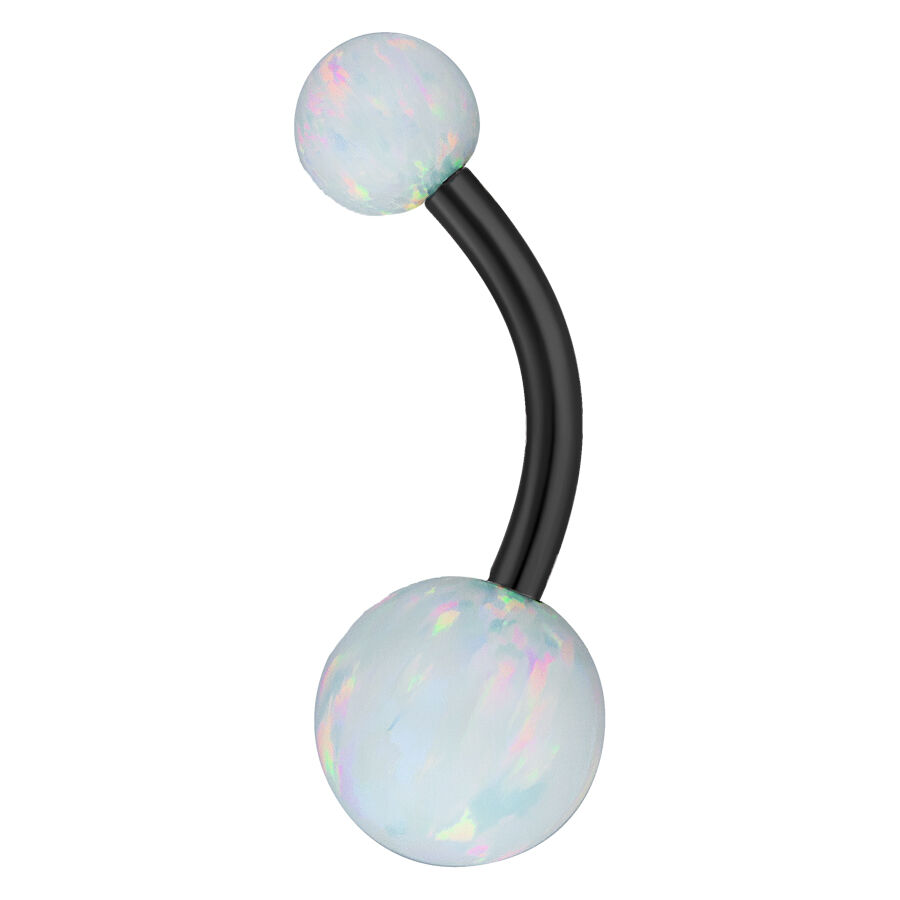 Piercing all'ombelico nero in titanio con due sfere di opale sintetico su sfondo bianco