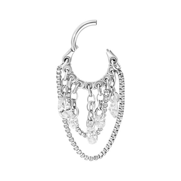Anello piercing argento con gocce di cristallo chiare e design a catena serpente su sfondo bianco