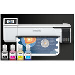 Stampante bianca Epson SureColor SC-T3100x con flaconi di inchiostro su sfondo nero