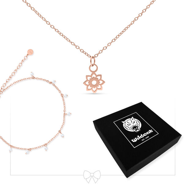 Collar de oro rosa con colgante de flores, tobillera con perlas y caja de regalo Wildcat