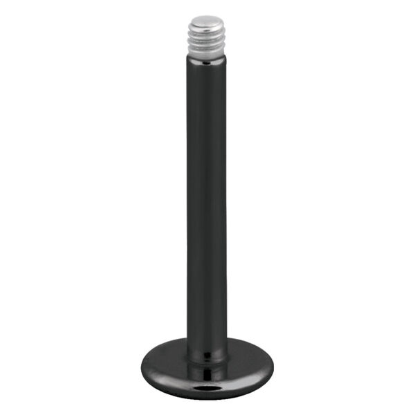 Barra labret de titanio negro con rosca externa sobre fondo blanco