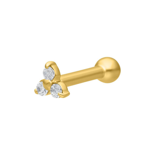 Goldener Trinity Earbarbell mit drei klaren Kristallen auf weißem Hintergrund