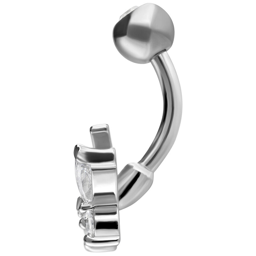 Banana Bell in argento con design a farfalla e cristalli chiari su sfondo bianco